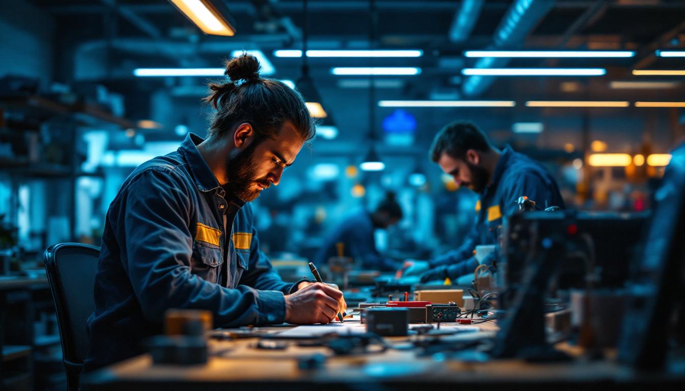 A photograph of a well-lit workshop environment showcasing electrical engineers actively working on projects