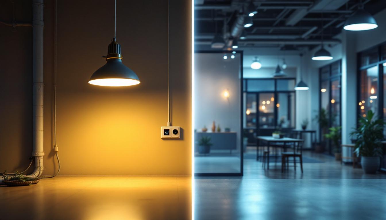 A photograph of a side-by-side comparison of an industrial lighting setup and a commercial lighting design