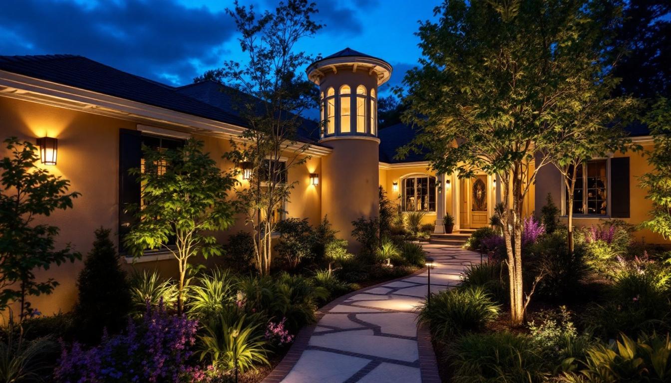 A photograph of a beautifully illuminated outdoor space featuring a variety of stylish and functional home exterior lighting solutions