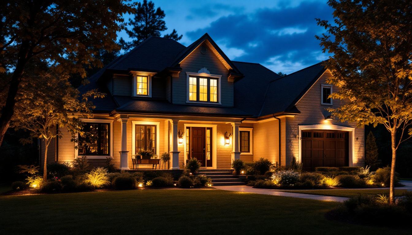 A photograph of a beautifully illuminated home exterior at dusk