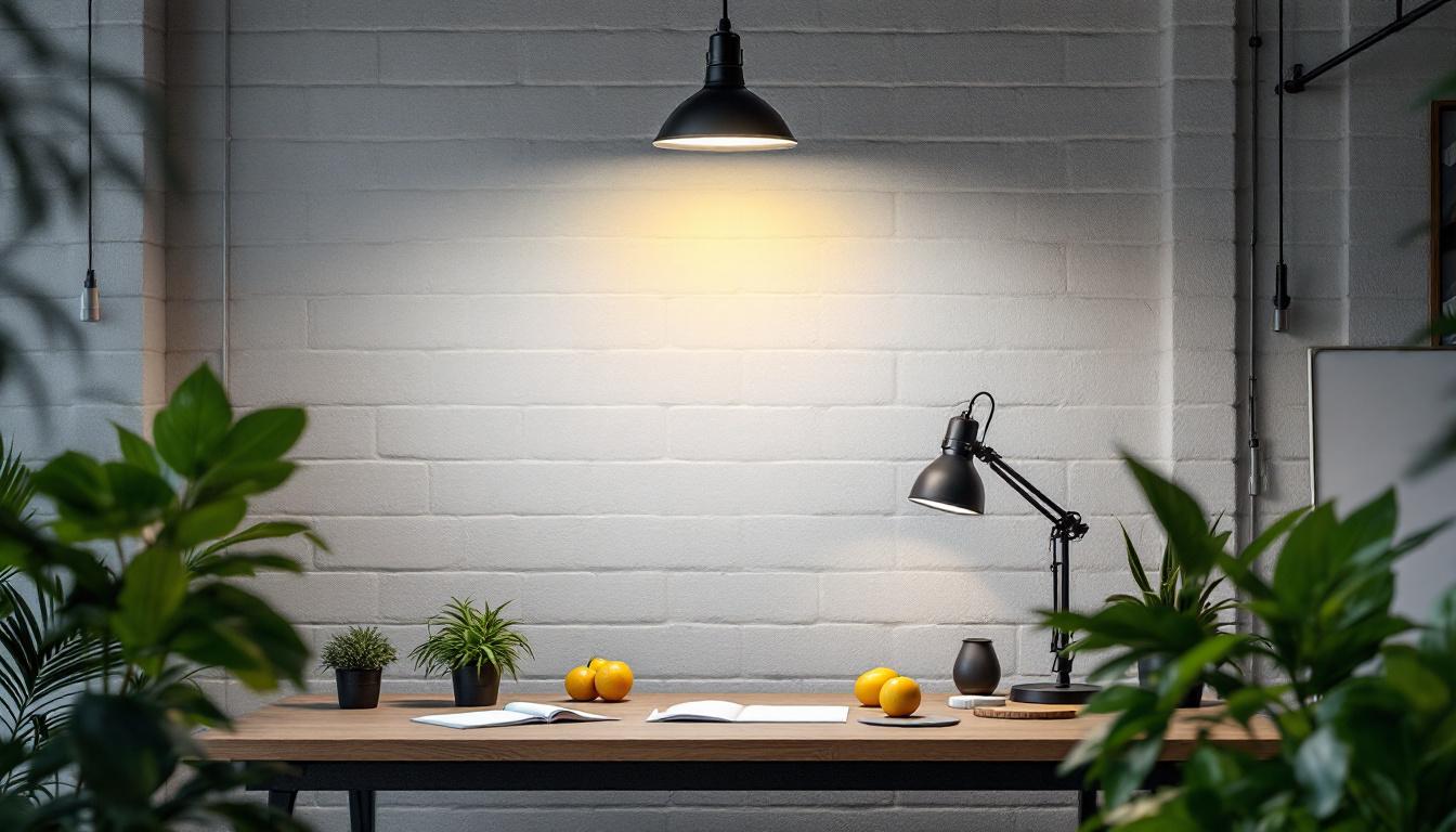 A photograph of a well-lit workspace featuring an 8-foot t12 bulb prominently displayed