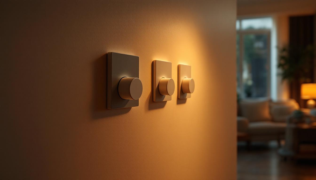 A photograph of a well-lit room showcasing various types of dimmer switches in action