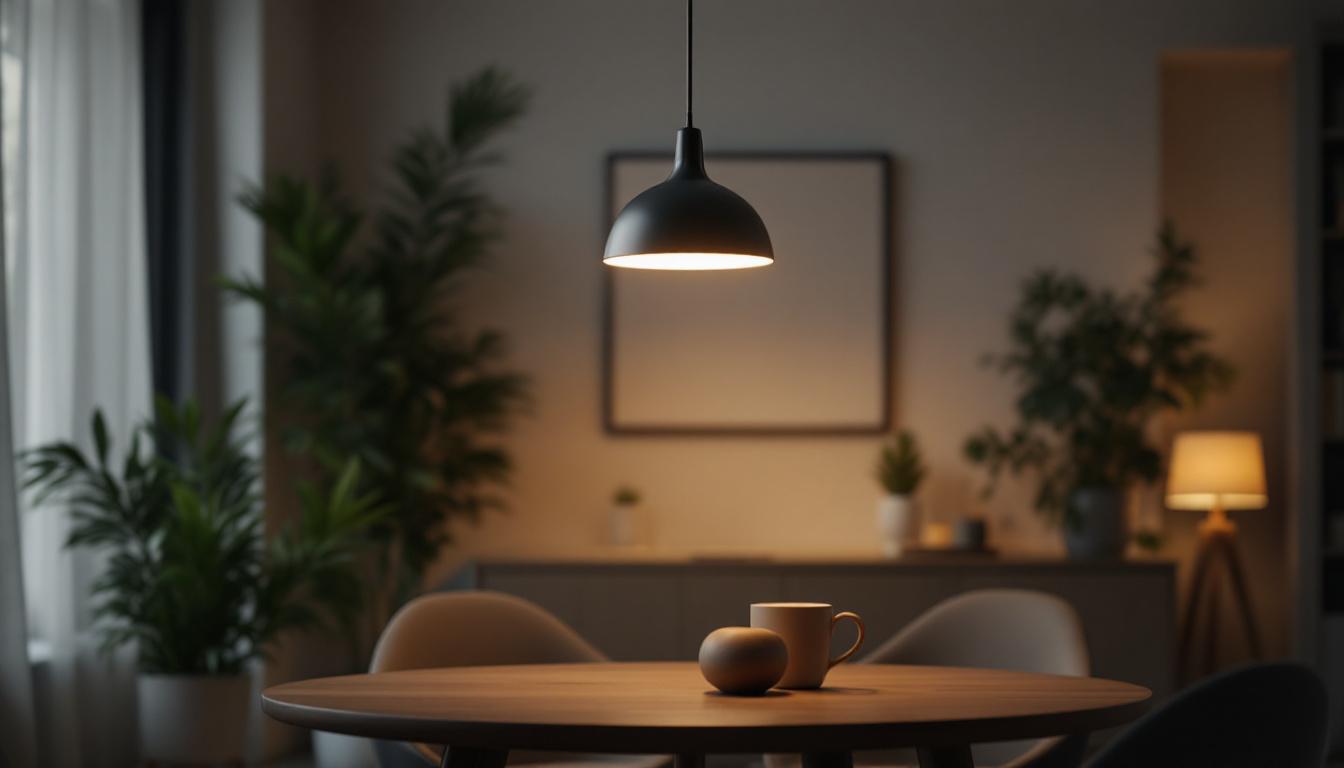 A photograph of a stylishly designed room featuring a modern led pendant fixture as the focal point