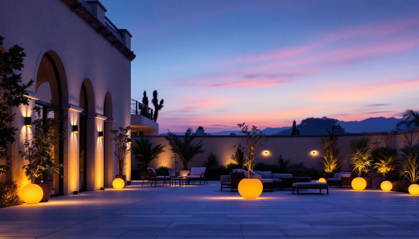 A photograph of a well-lit outdoor space showcasing various lighting fixtures in use