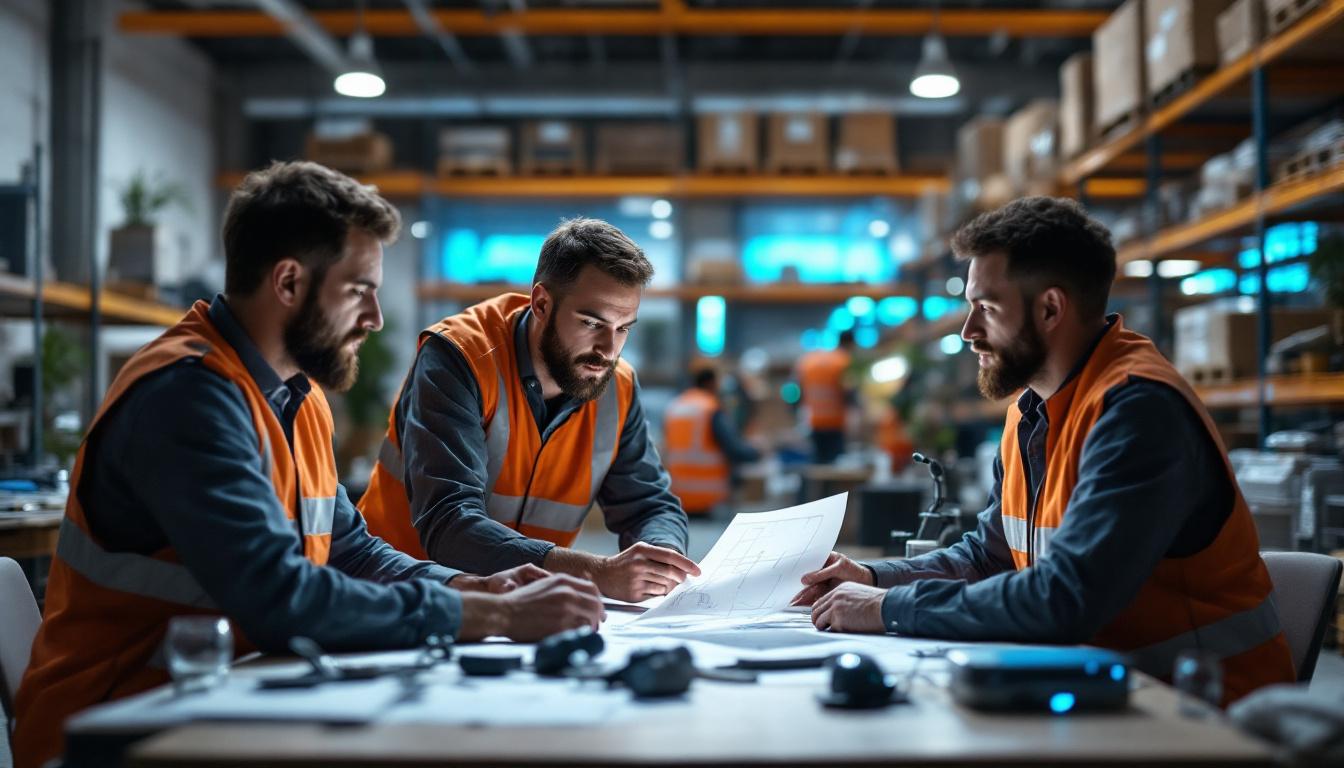 A photograph of a modern workspace featuring electrical engineers collaborating over design blueprints and digital prototypes
