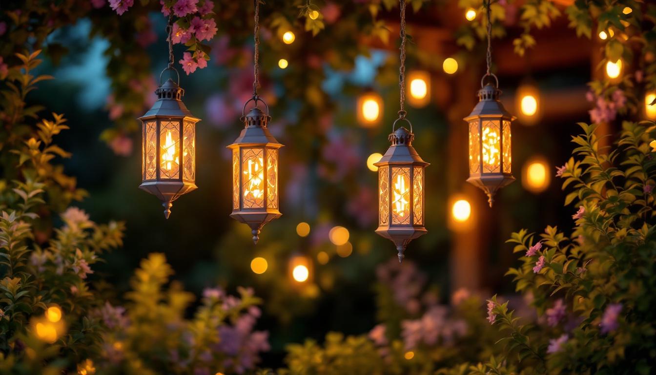 A photograph of a beautifully arranged outdoor scene featuring hanging garden lanterns illuminated at dusk