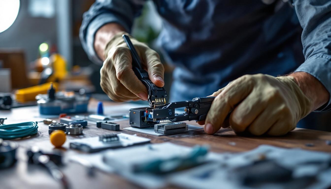 A photograph of a skilled technician using a 110 style punch down tool on a networking panel