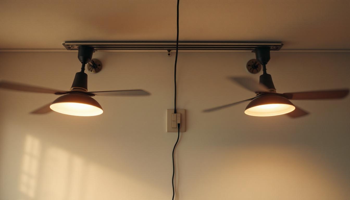 A photograph of a well-lit interior space featuring two stylish ceiling fans connected to a single wall switch