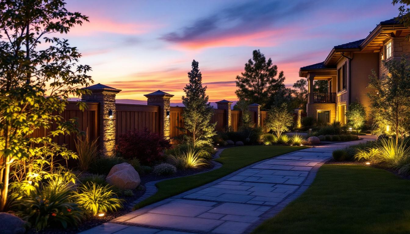 A photograph of a beautifully illuminated outdoor landscape at dusk