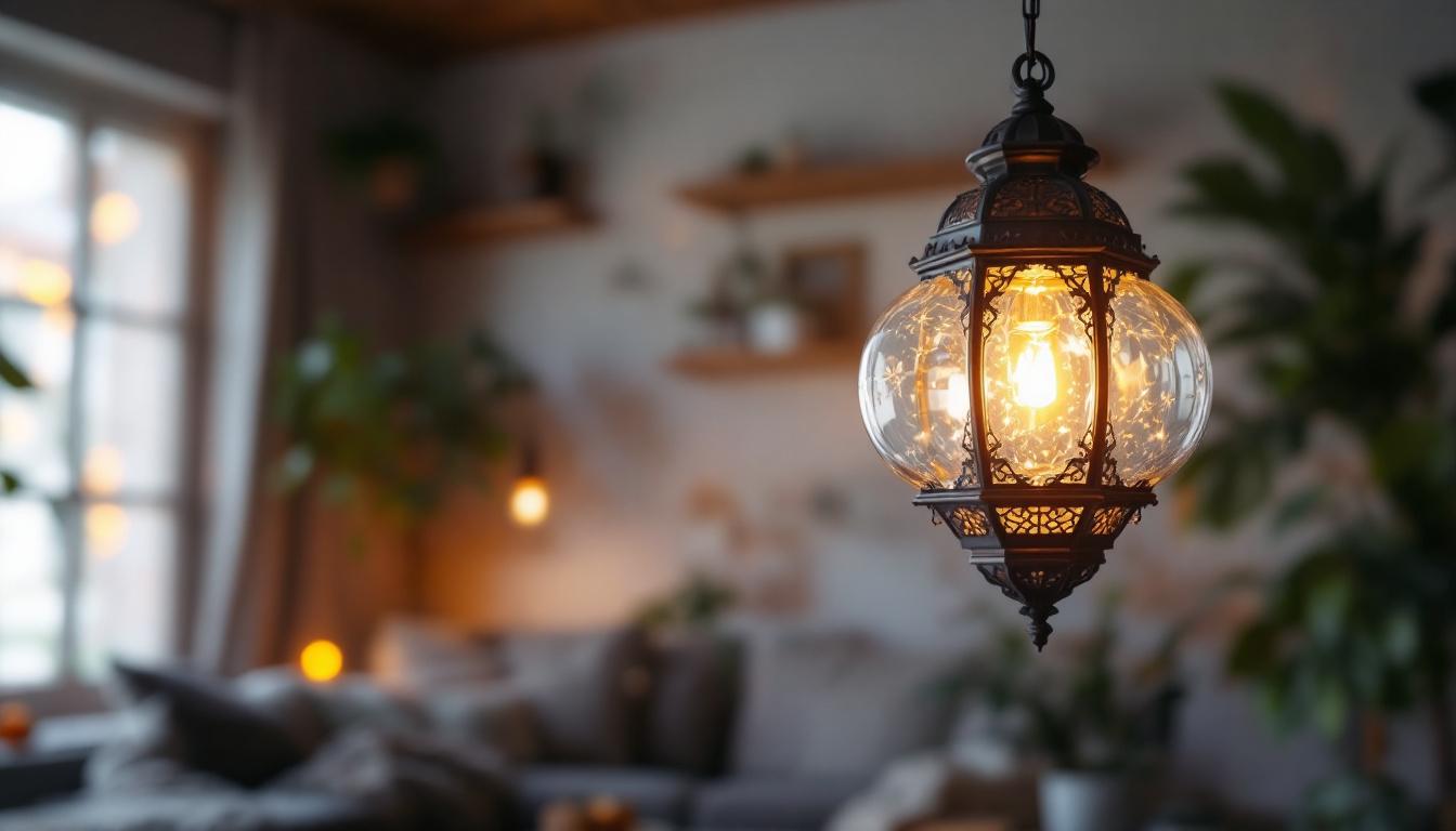 A photograph of a beautifully designed hanging glass lantern illuminated in a cozy indoor setting