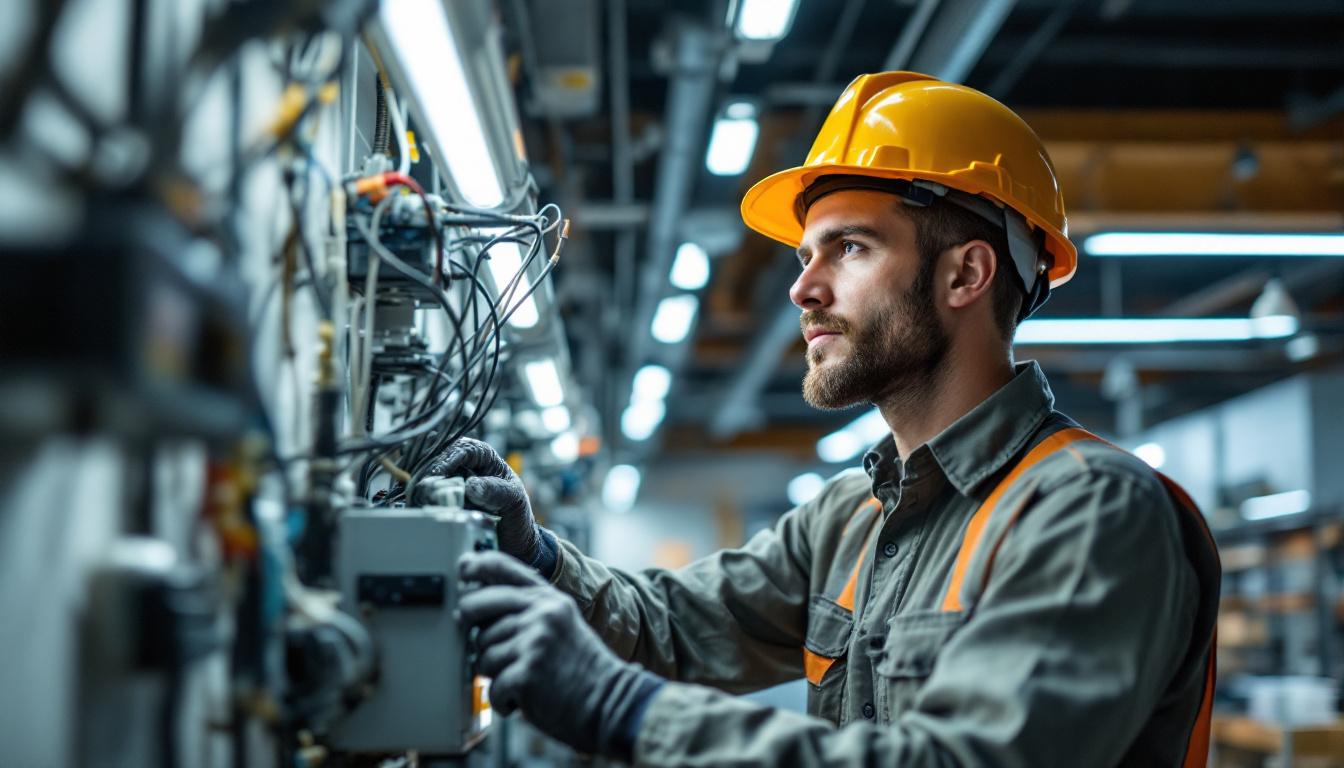 A photograph of an electrical engineer working on a t8 lighting system installation