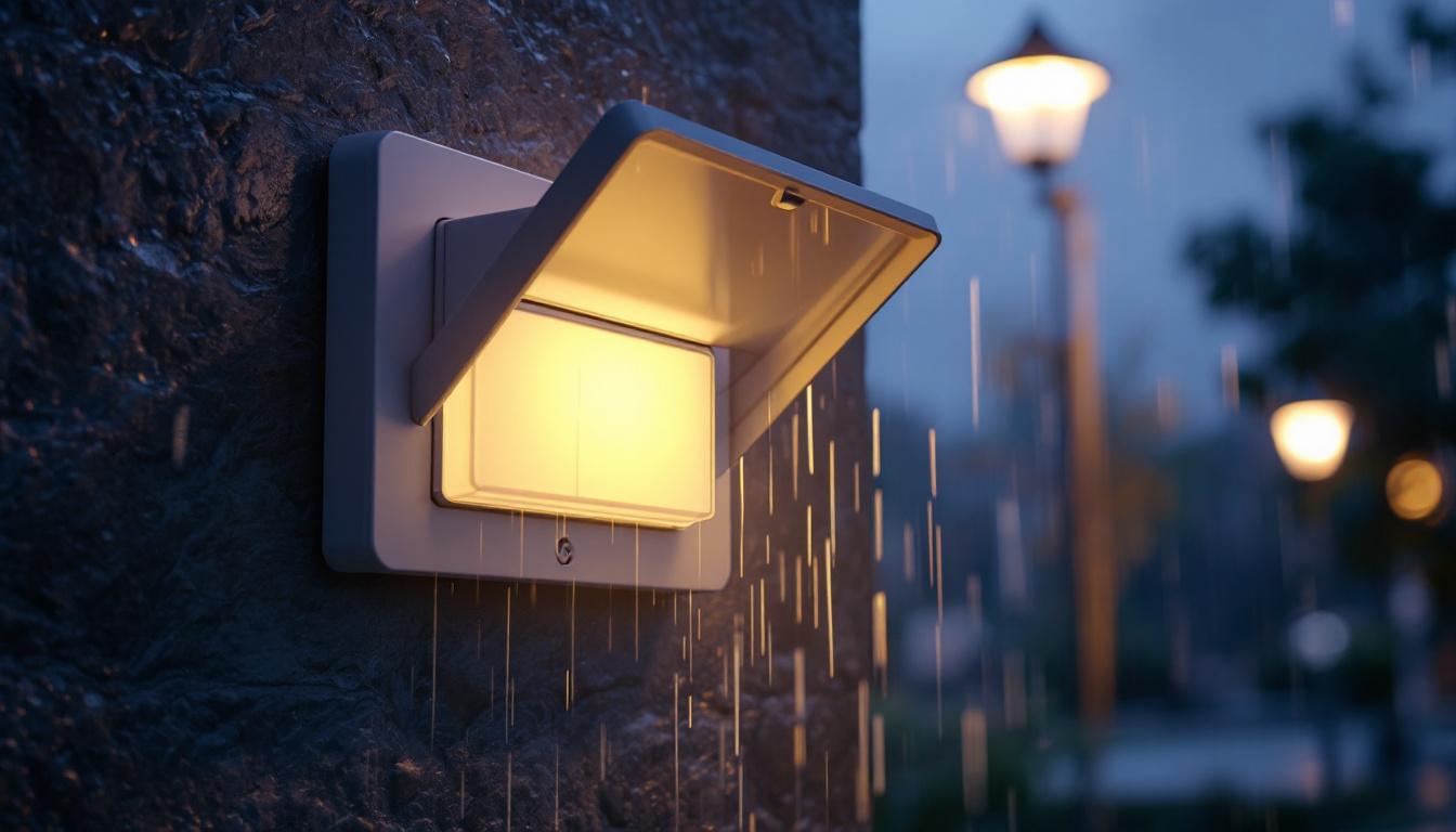 A photograph of a weatherproof electrical cover installed in an outdoor lighting setup
