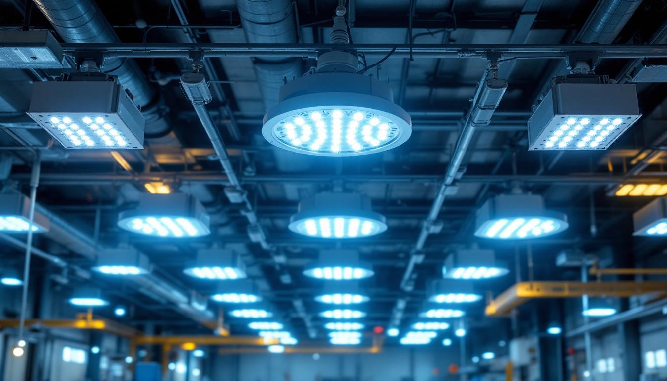 A photograph of a well-lit industrial setting featuring vapor-tight led fixtures installed in a ceiling