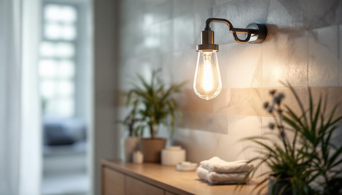 A photograph of a stylish yet budget-friendly bathroom lighting fixture in a well-lit bathroom setting