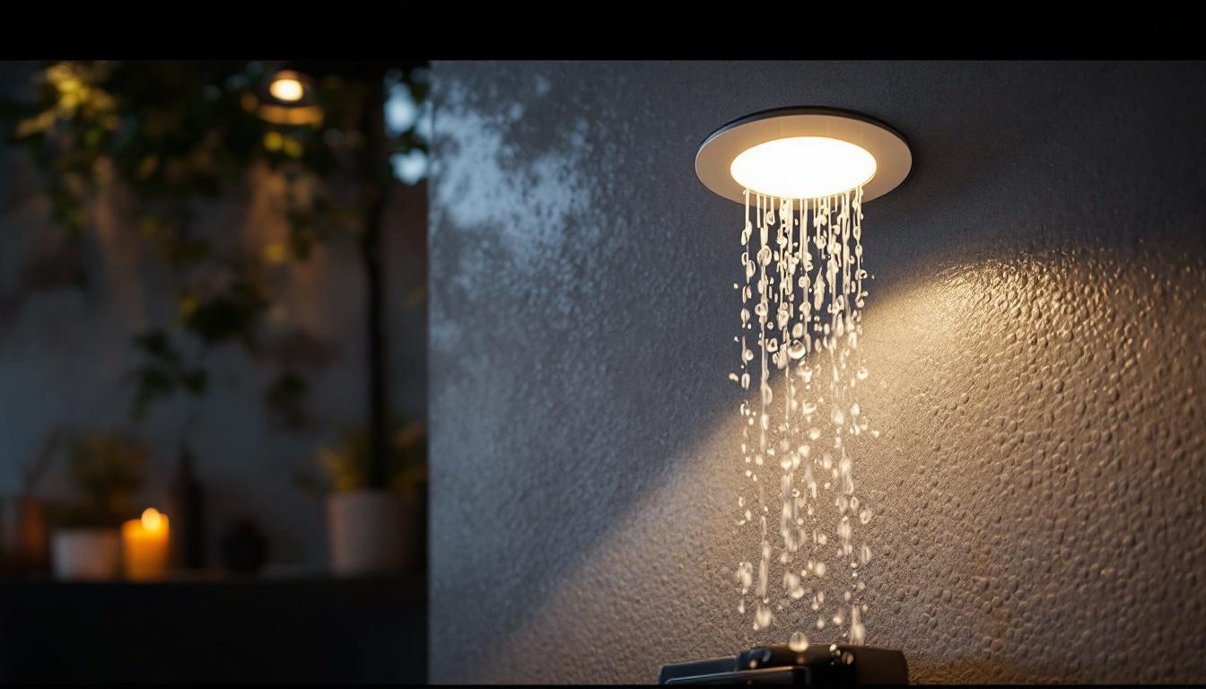 A photograph of a stylishly designed wet location recessed light installed in a modern bathroom or outdoor setting