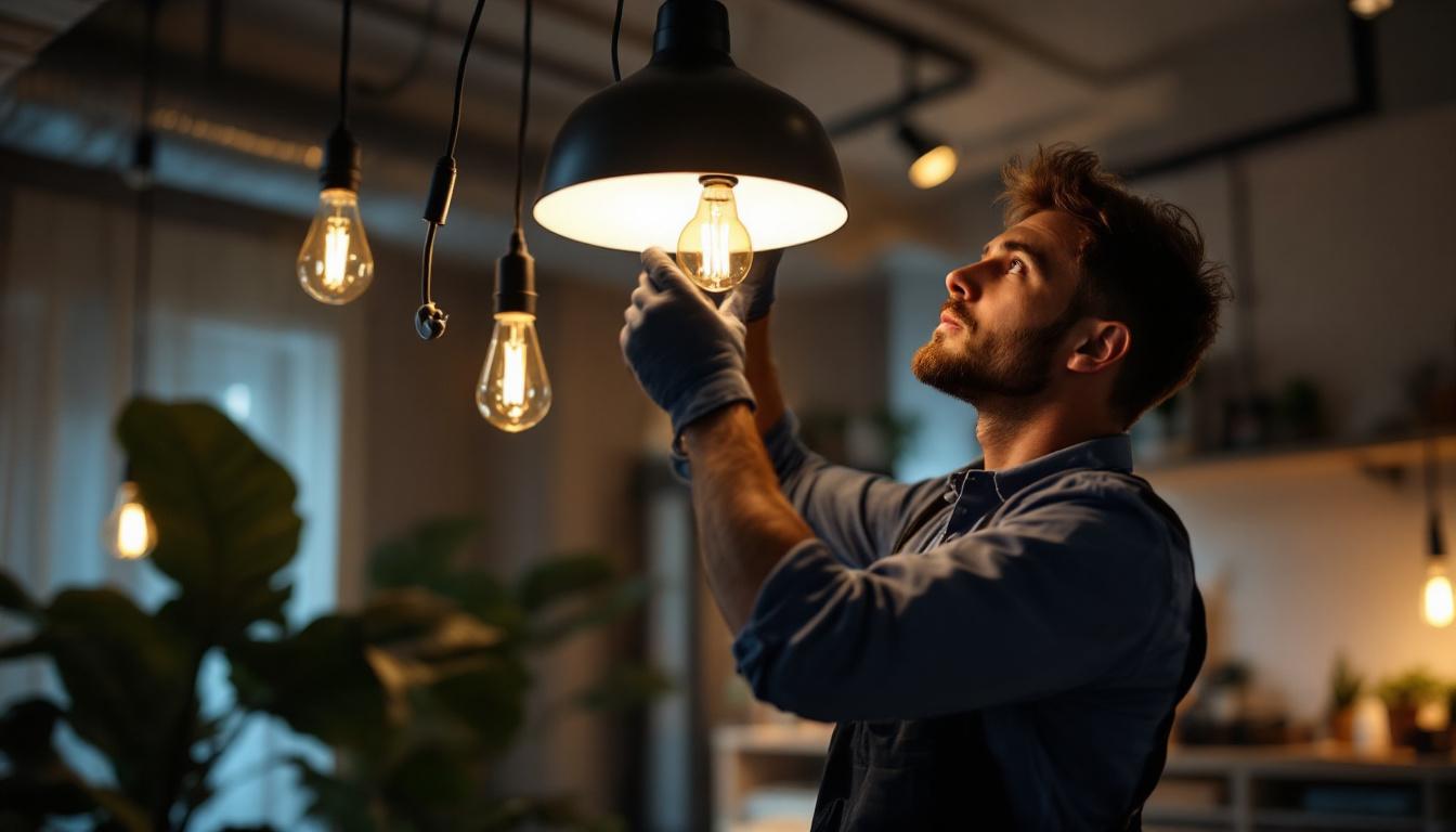 A photograph of a skilled electrical engineer meticulously installing or adjusting a stylish hanging light fixture in a modern interior space