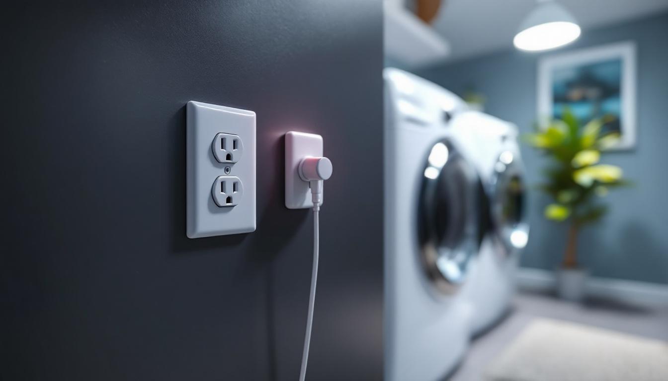 A photograph of a gfci outlet installed near a washing machine