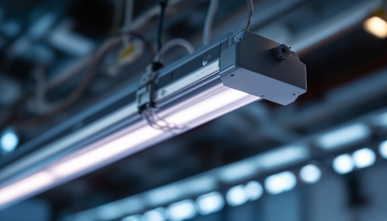 A photograph of a close-up of a t5 led light fixture with visible wiring and ballast components