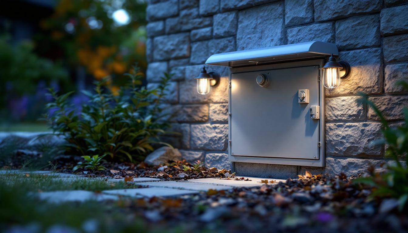 A photograph of a well-installed outdoor junction box cover in a landscaped setting