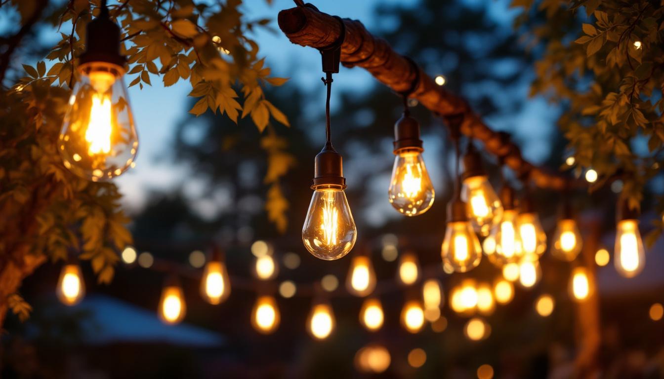 A photograph of a beautifully lit outdoor space featuring a variety of stylish hanging lights
