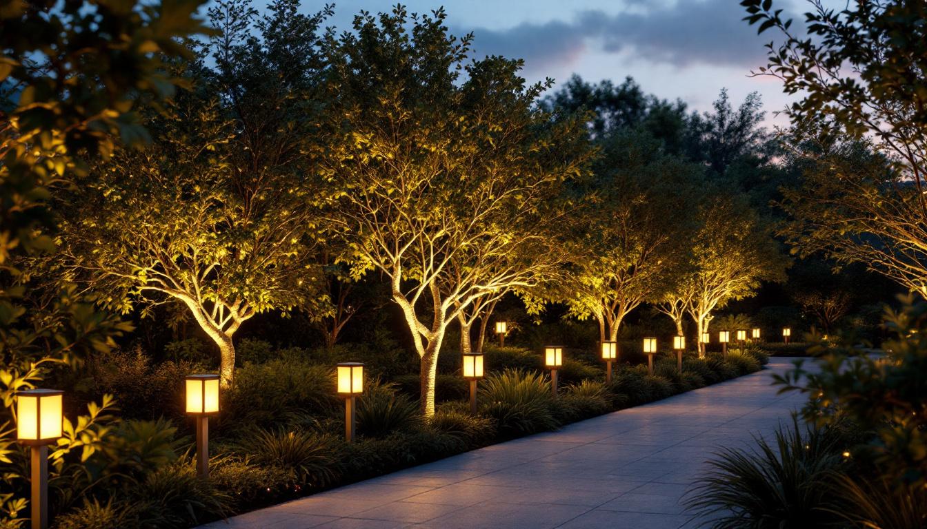 A photograph of a beautifully illuminated outdoor space featuring solar-powered uplights highlighting trees or architectural features