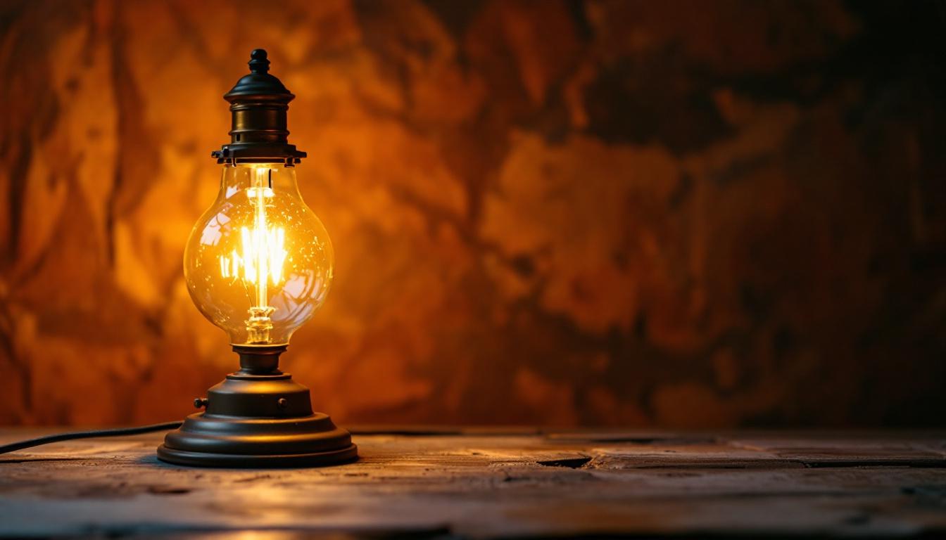 A photograph of a beautifully styled vintage lamp with an energy-efficient bulb illuminated