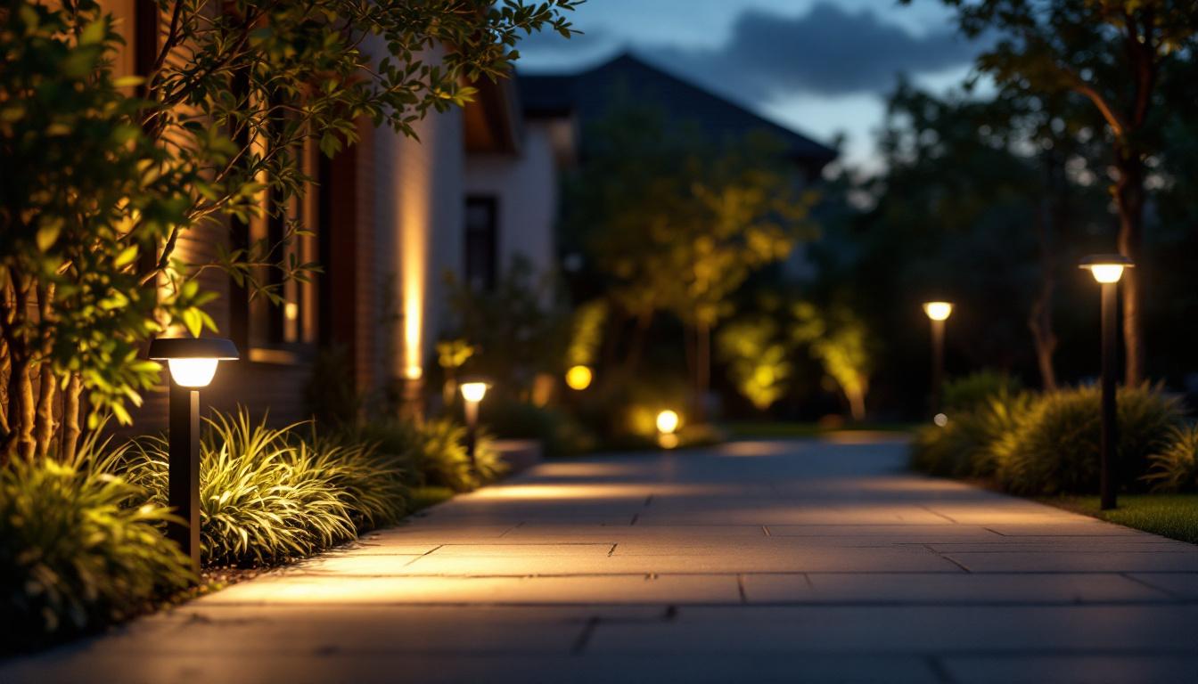 A photograph of a well-lit outdoor space showcasing various motion sensor lights in action