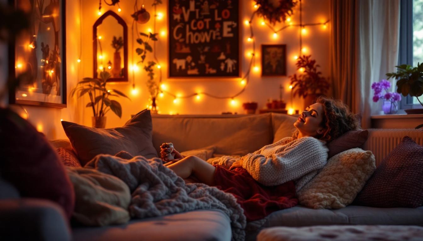 A photograph of a cozy indoor scene illuminated by soft