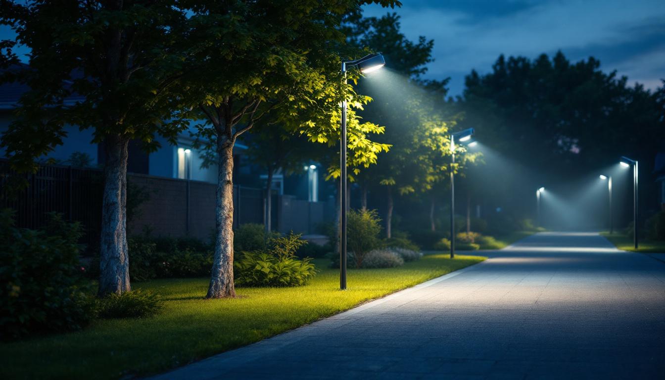 A photograph of a well-lit outdoor space showcasing a variety of floodlight installations in action