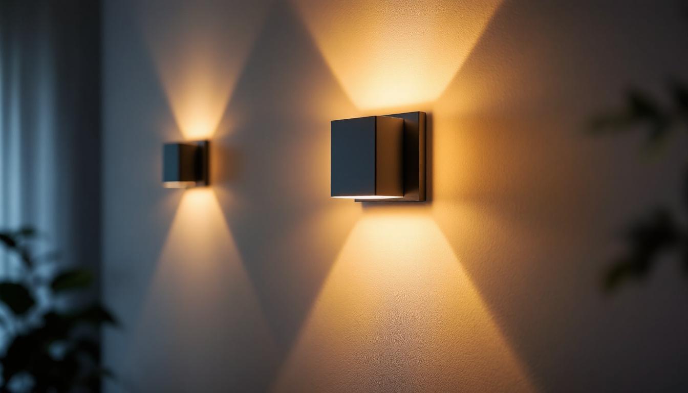 A photograph of a modern interior setting featuring stylish wall sconce led lights illuminating the space