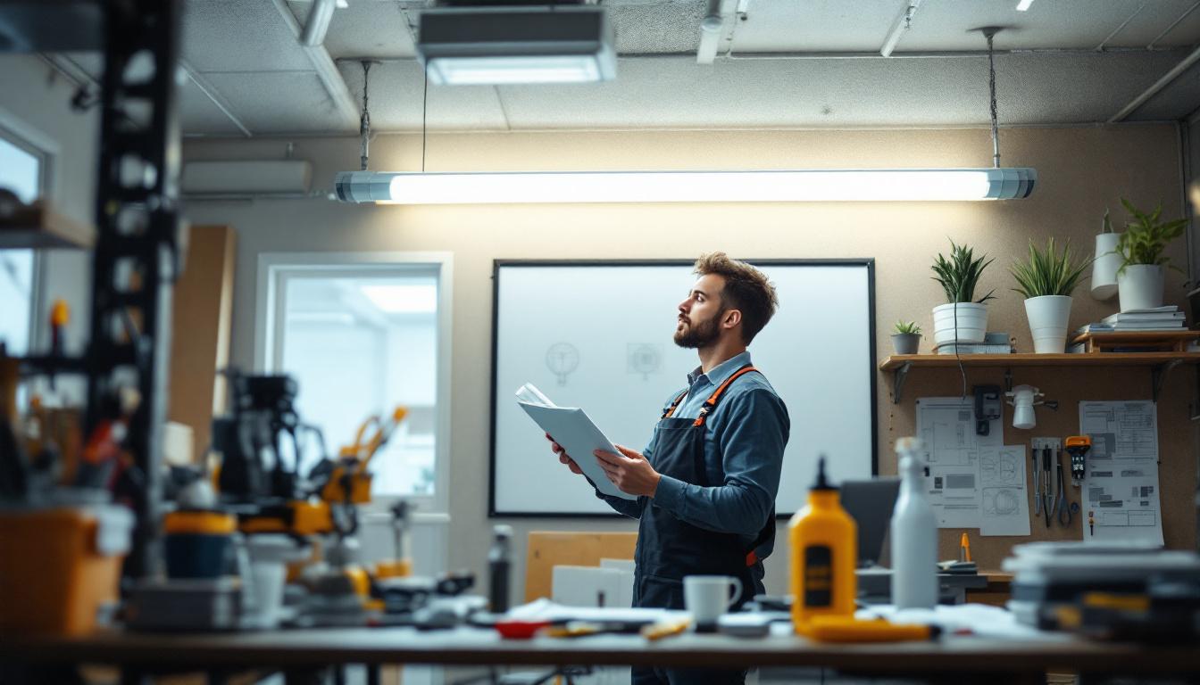 A photograph of a well-lit workspace featuring an electrical engineer examining an 8 ft led fluorescent replacement light fixture