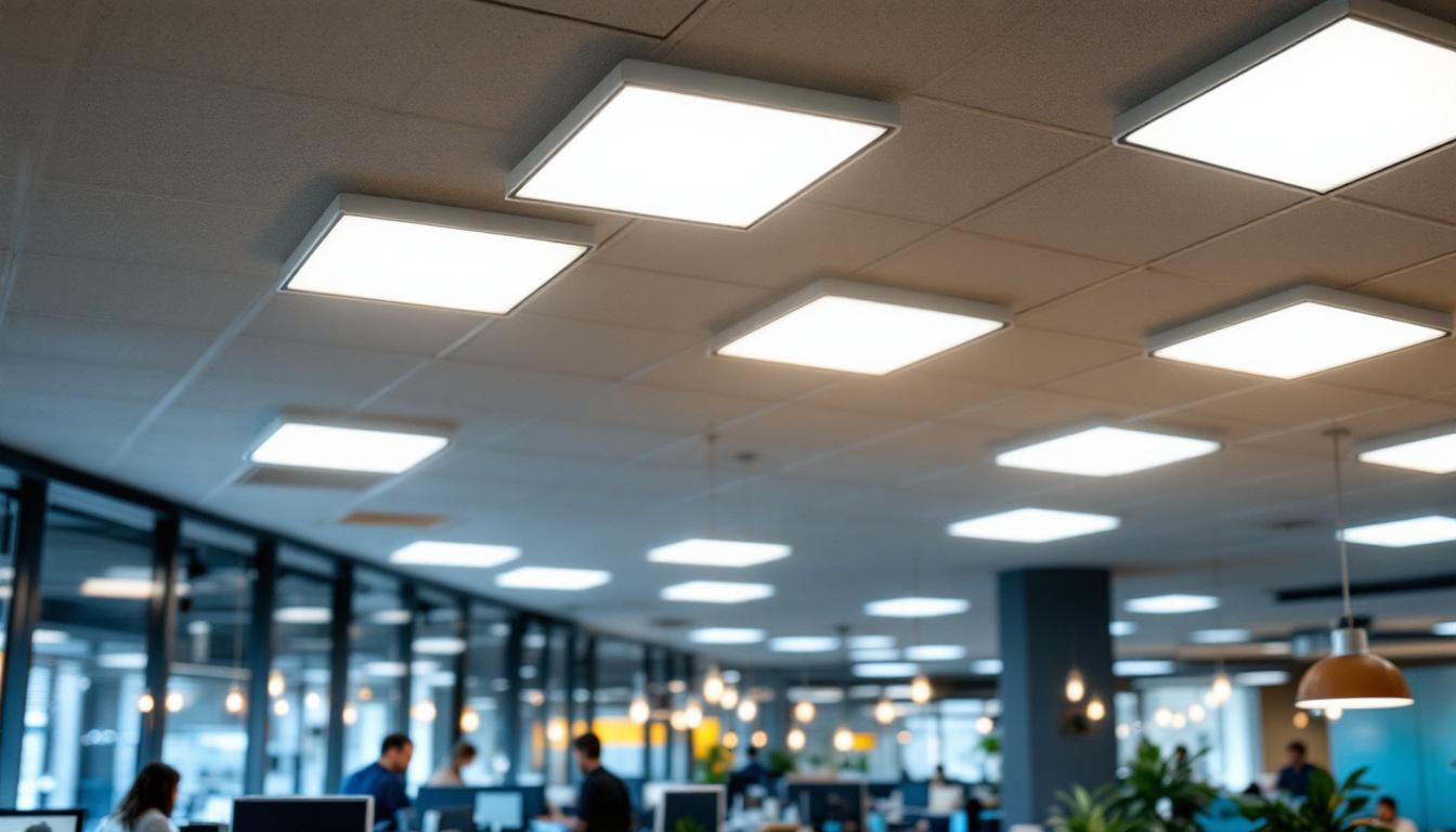 A photograph of capture a photograph of a modern office or commercial space featuring led ceiling tile lights in use