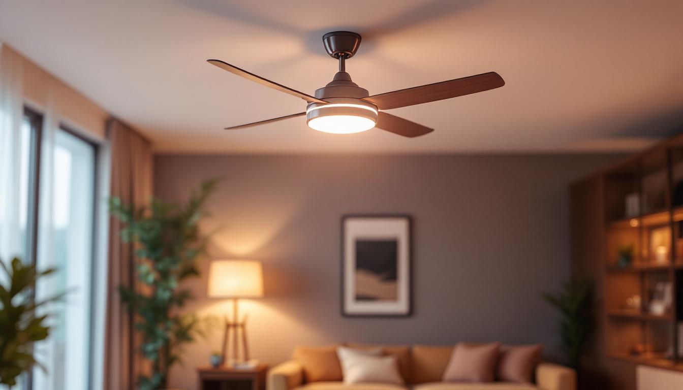 A photograph of a stylish led ceiling fan with an integrated light feature