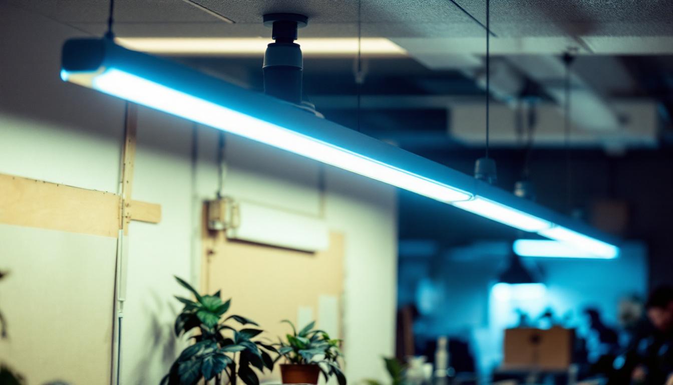 A photograph of a well-lit workspace showcasing various fluorescent tube light fixtures in use