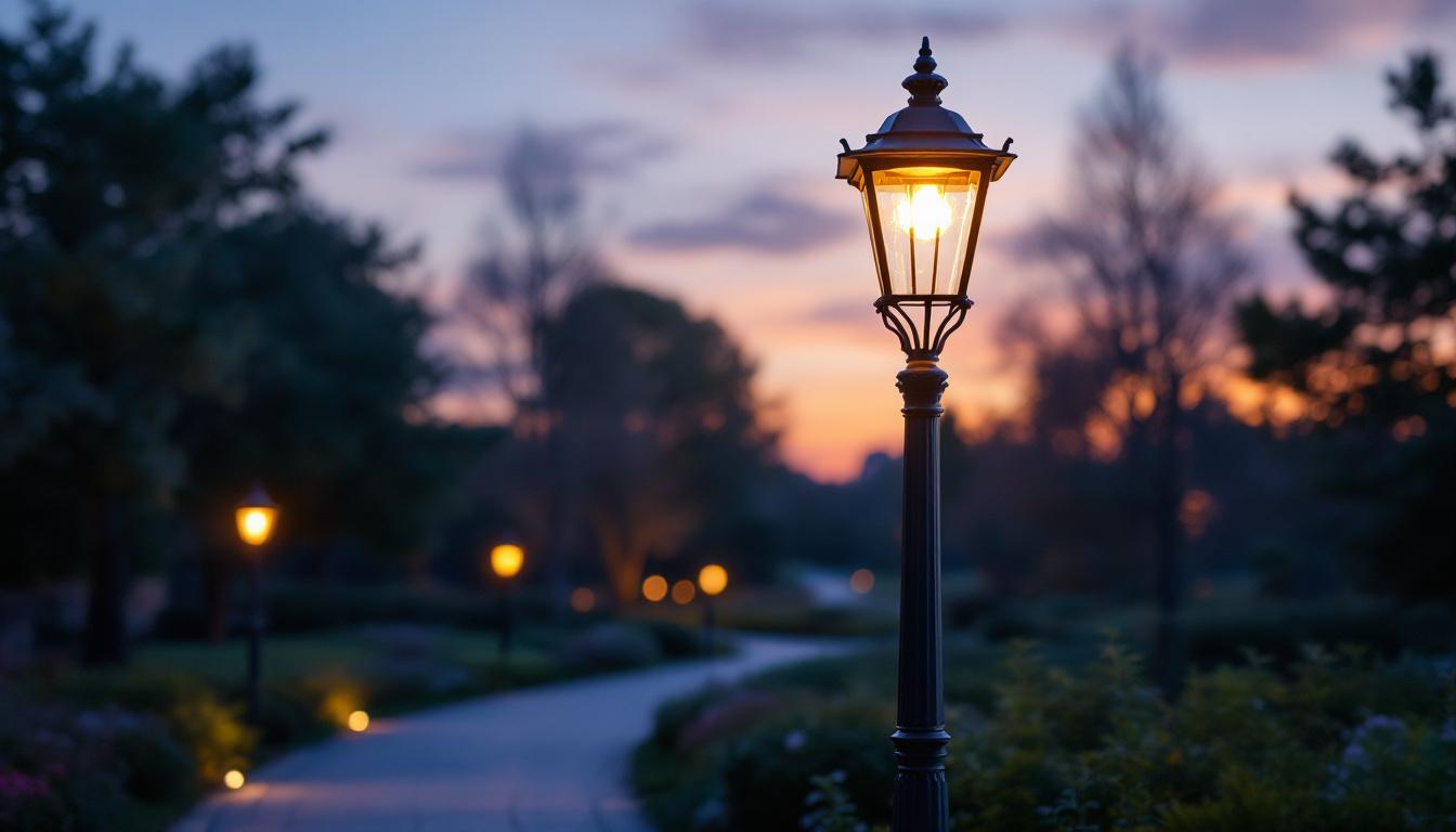A photograph of a beautifully designed outdoor lamppost illuminated at dusk