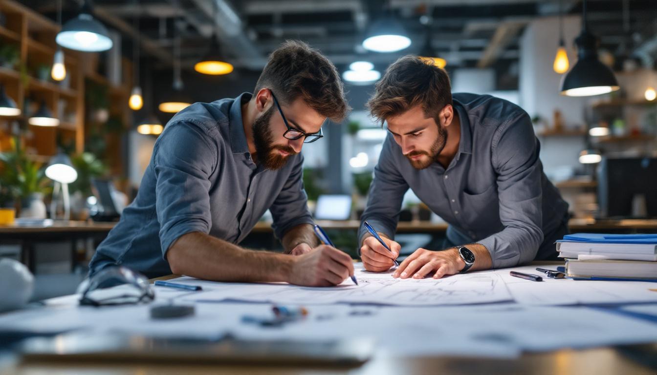 A photograph of a dynamic workspace featuring electrical engineers collaborating on innovative lighting designs