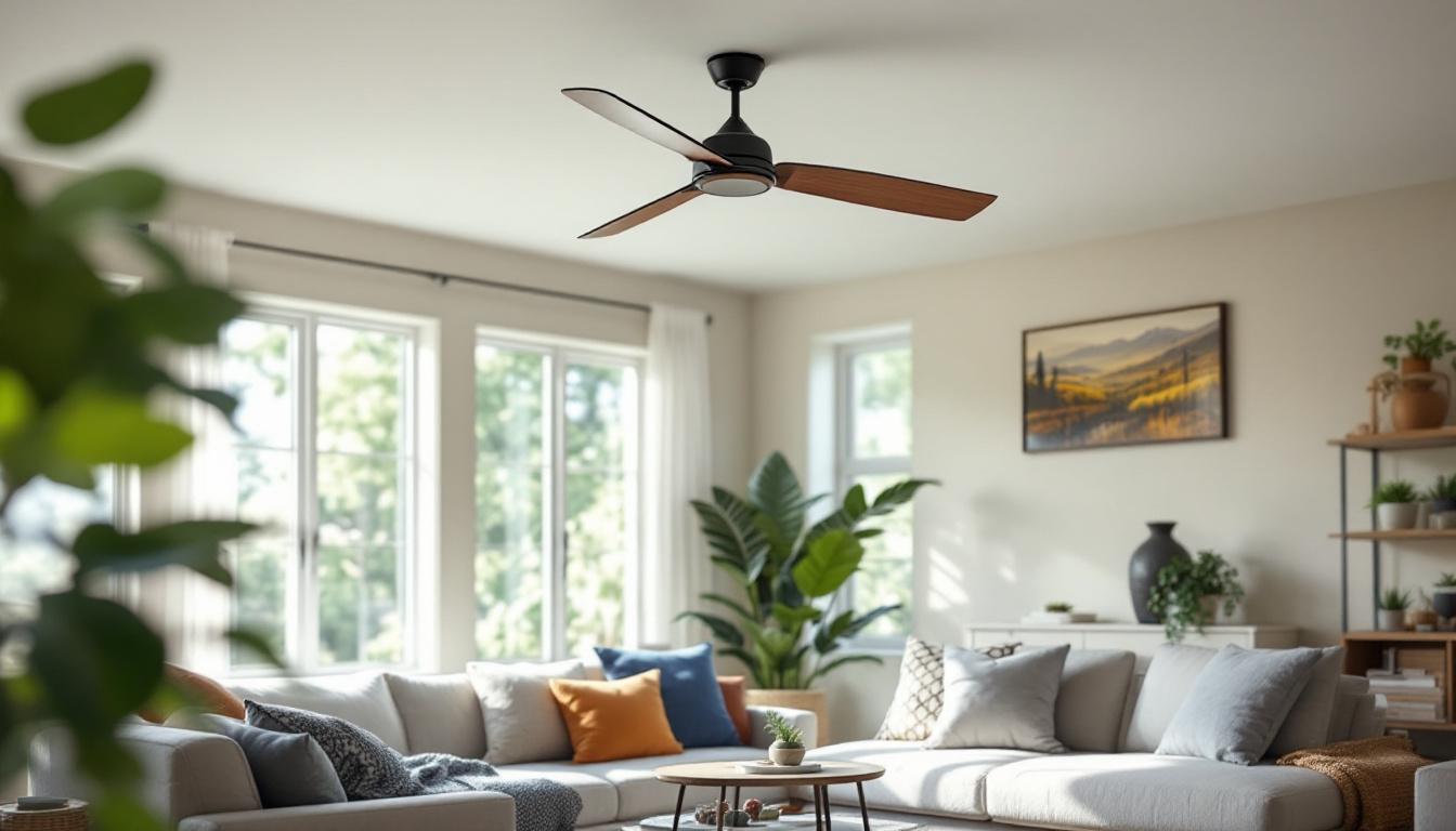A photograph of capture a photograph of the maverick 52 ceiling fan installed in a stylish