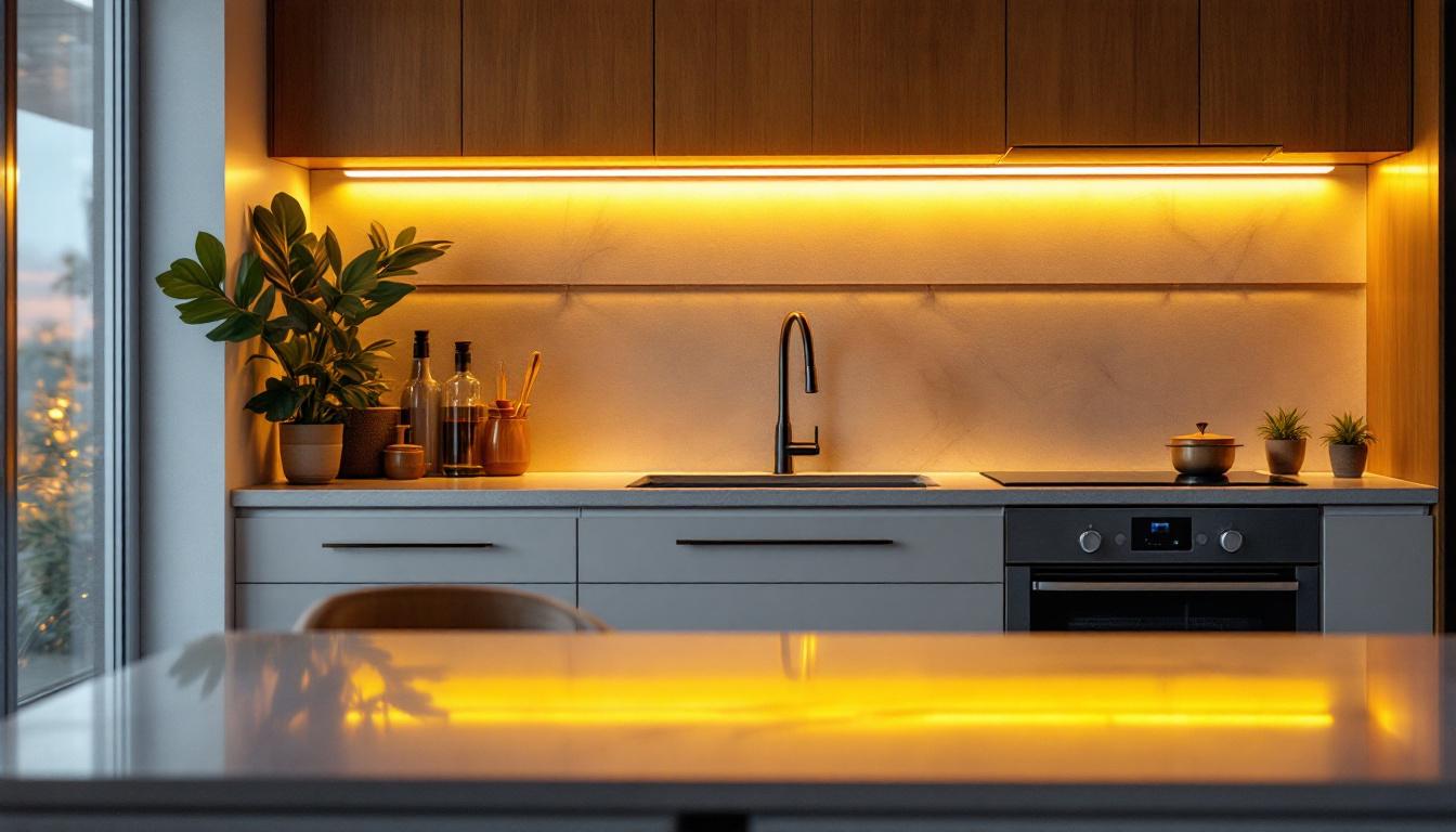 A photograph of a well-lit kitchen showcasing stylish tape under cabinet lighting