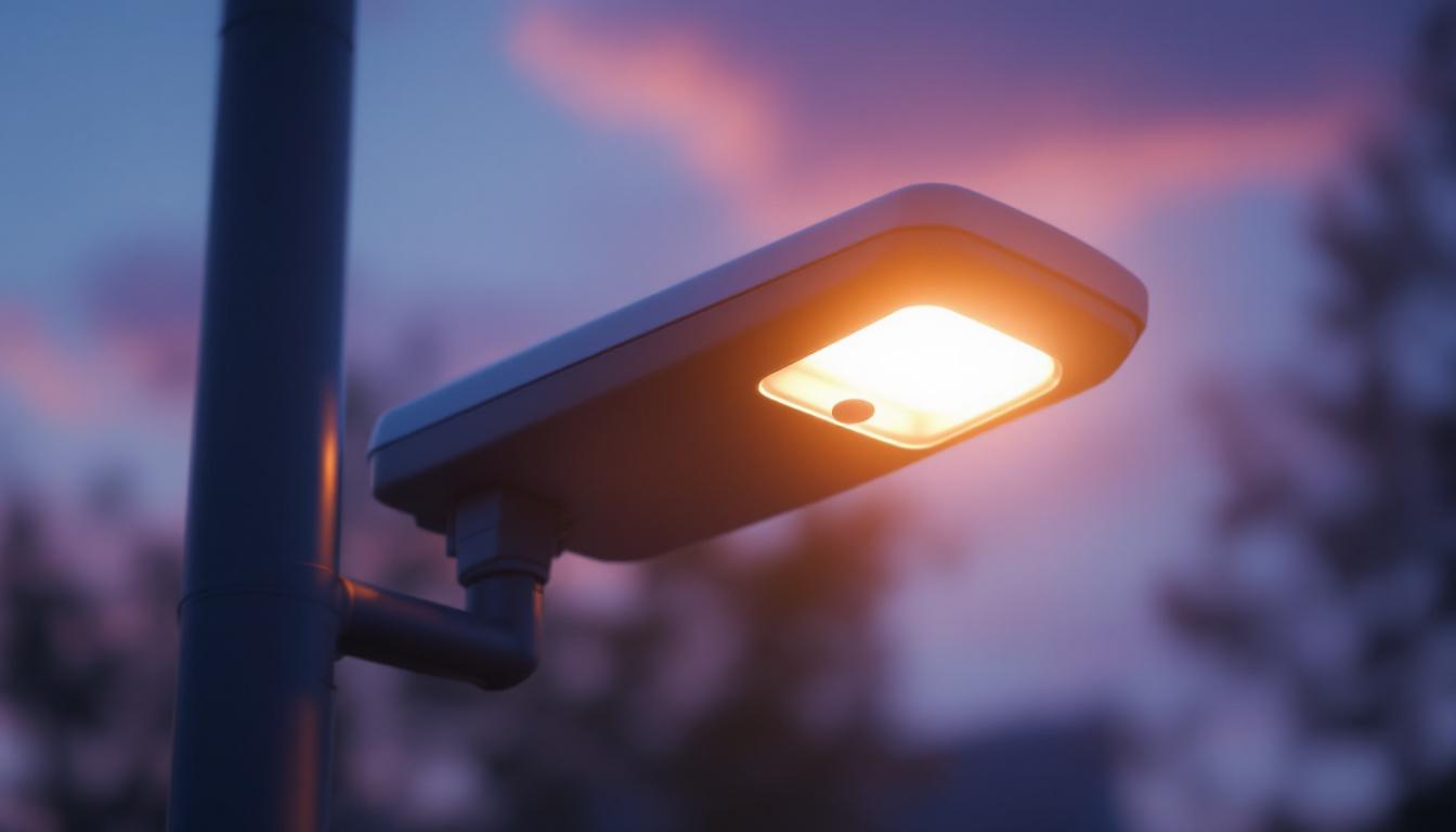 A photograph of a close-up of a photocontrol sensor installed on a streetlight at dusk