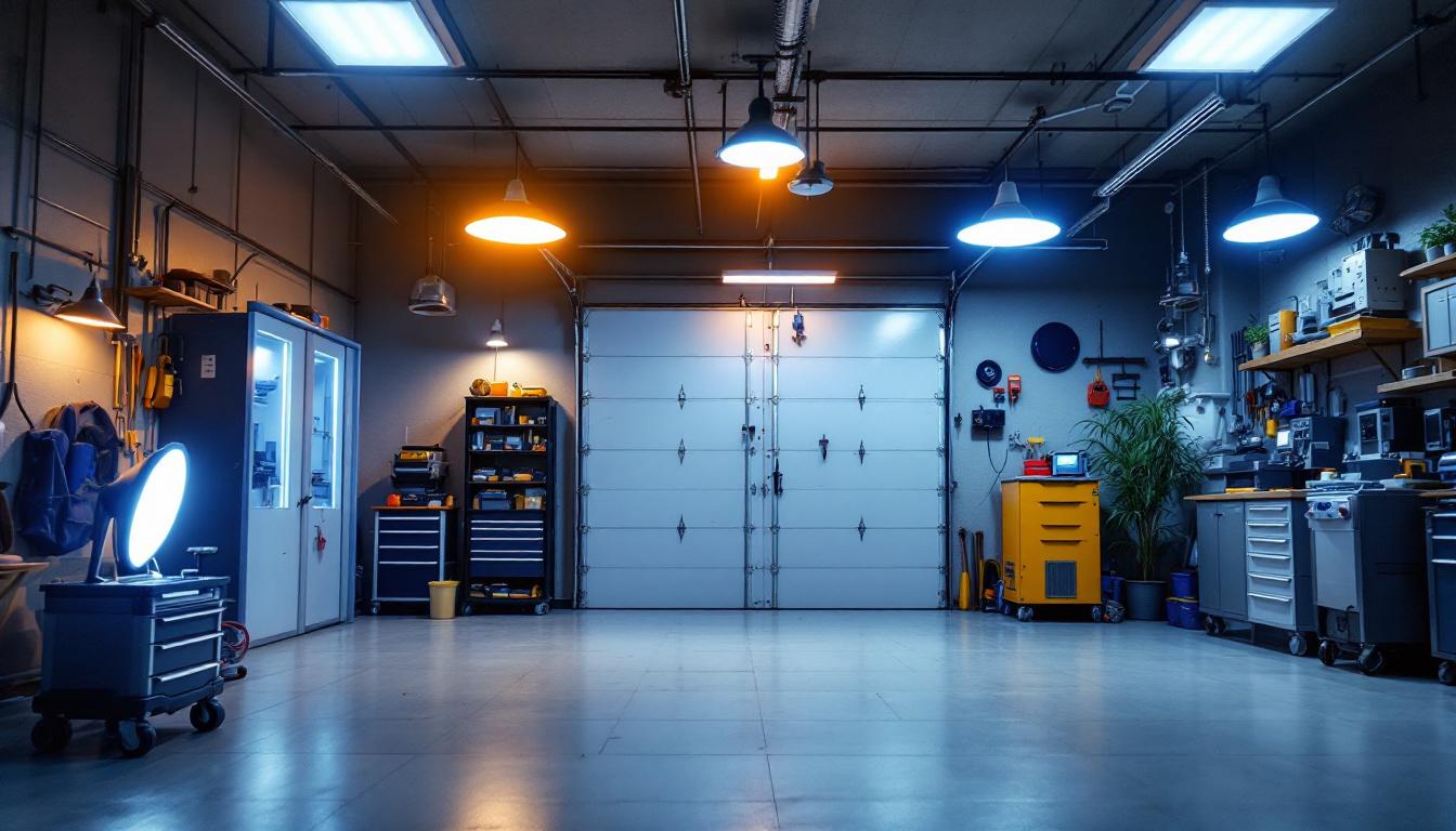 A photograph of a well-lit garage showcasing various led light fixtures in use