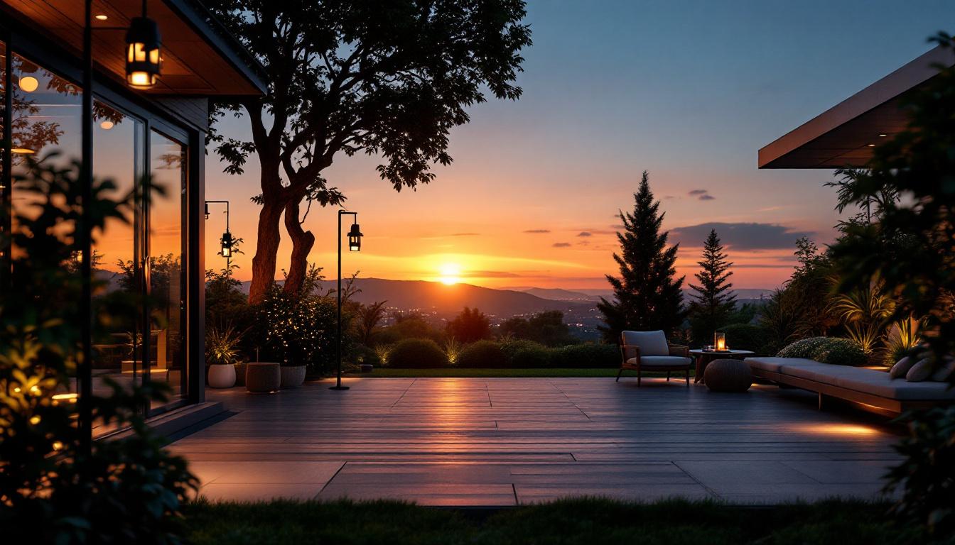 A photograph of a beautifully lit outdoor scene transitioning from dusk to dawn