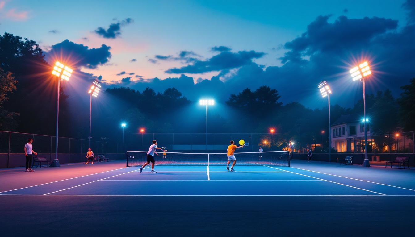 A photograph of a vibrant tennis court illuminated by dynamic lighting at dusk
