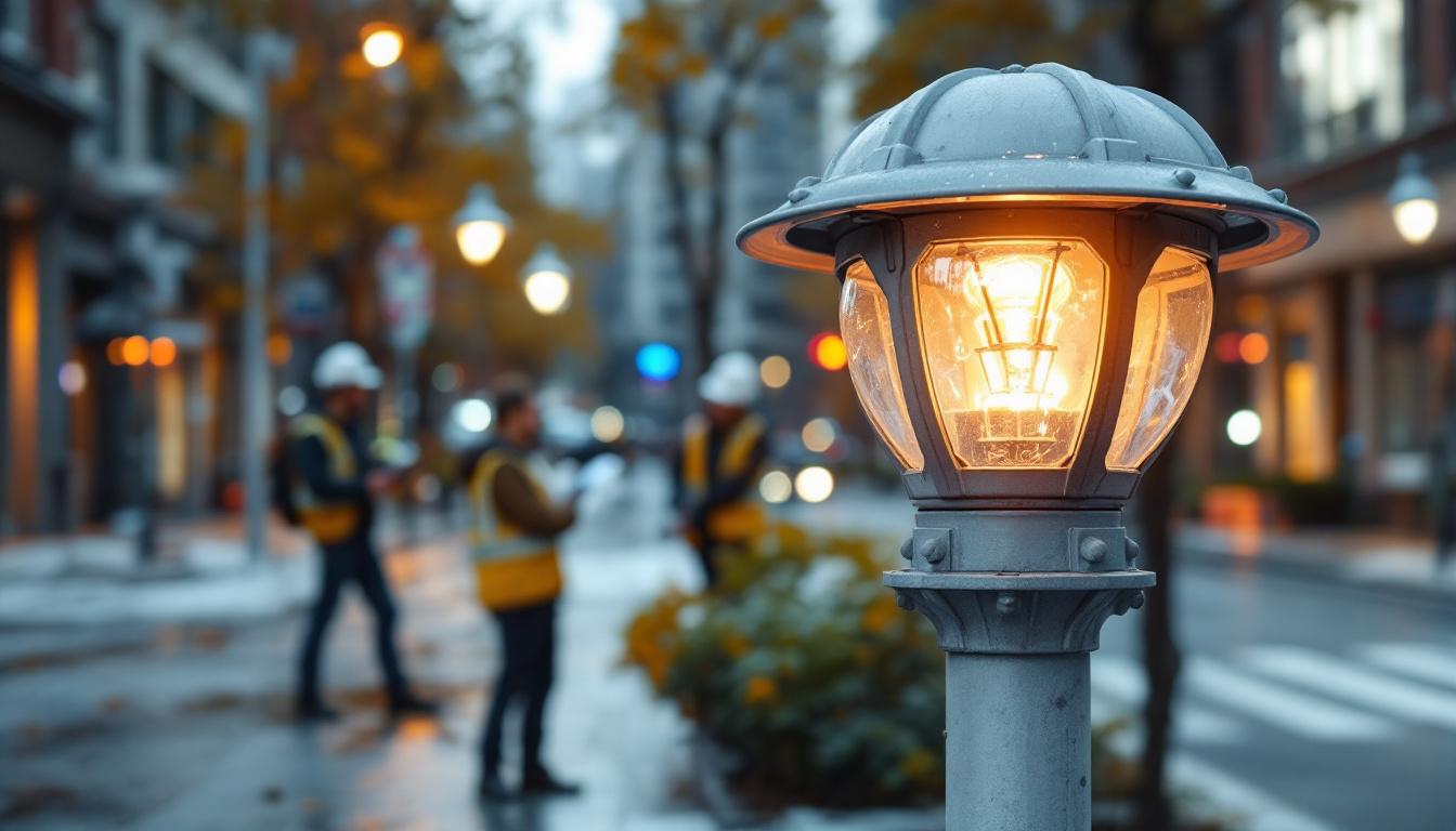 A photograph of a cast aluminum light post in an urban setting