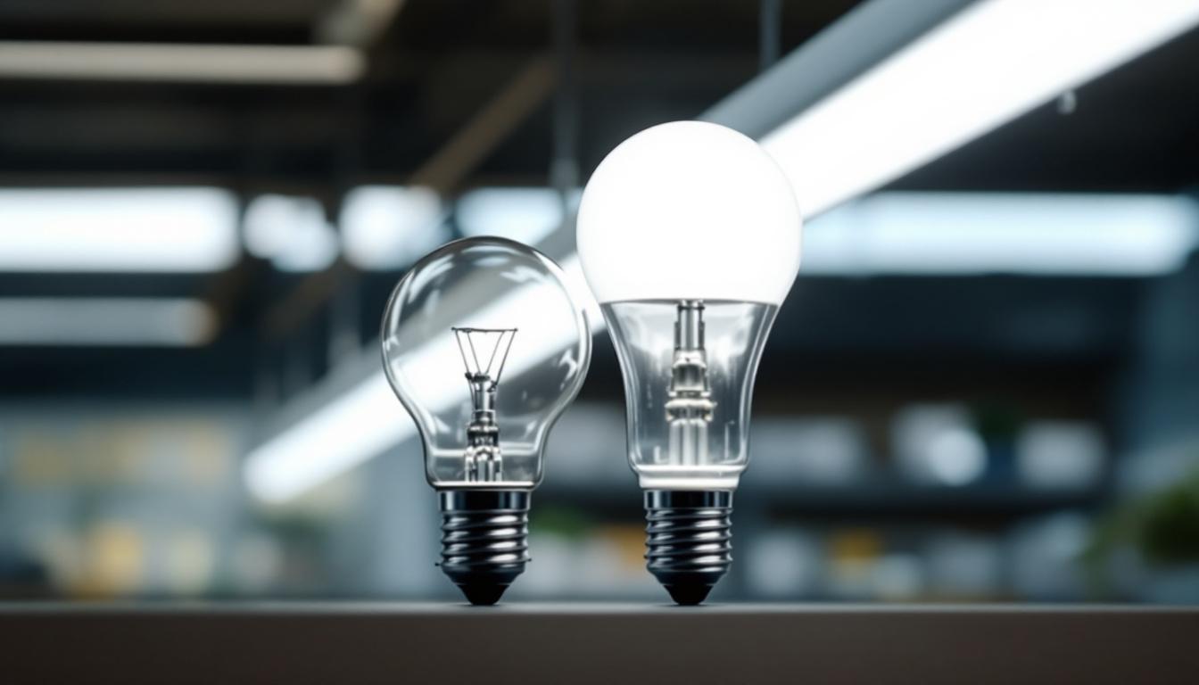 A photograph of a side-by-side comparison of t12 and t8 fluorescent bulbs