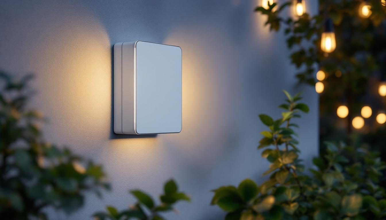 A photograph of a stylishly designed exterior light electrical box integrated into a sustainable outdoor lighting setup
