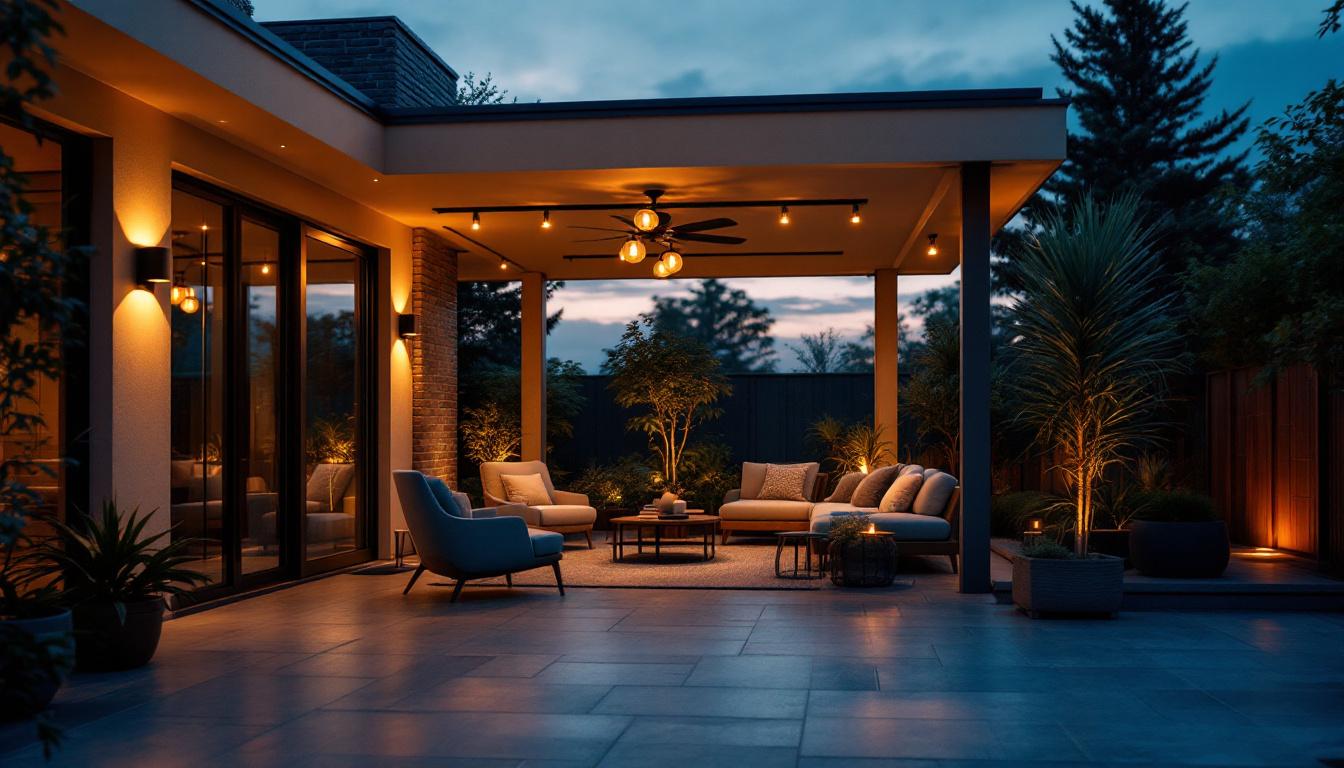 A photograph of a beautifully designed outdoor space illuminated by various ceiling lights at dusk