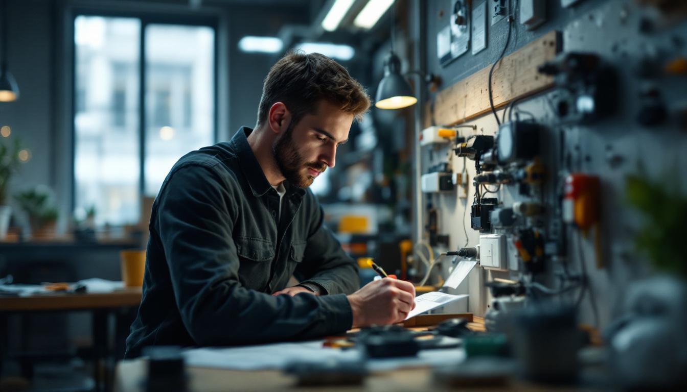 A photograph of an electrical engineer working on a modern plug and light switch design in a well-lit workshop