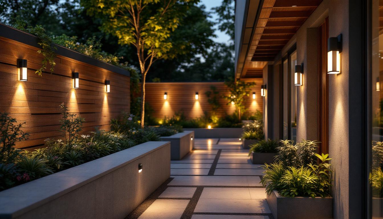 A photograph of a beautifully designed outdoor space featuring motion sensor lighting fixtures in action