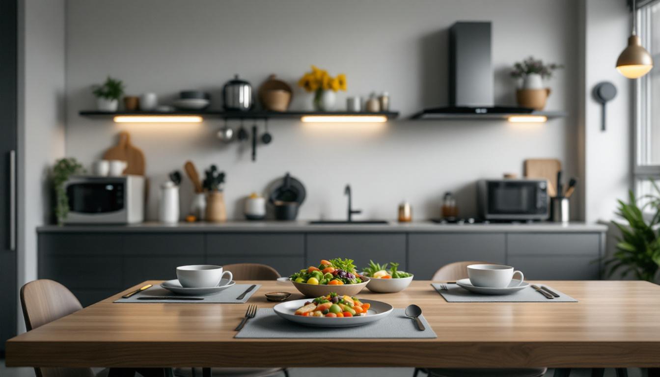 A photograph of a modern kitchen scene featuring a stylish dinner table set for a meal