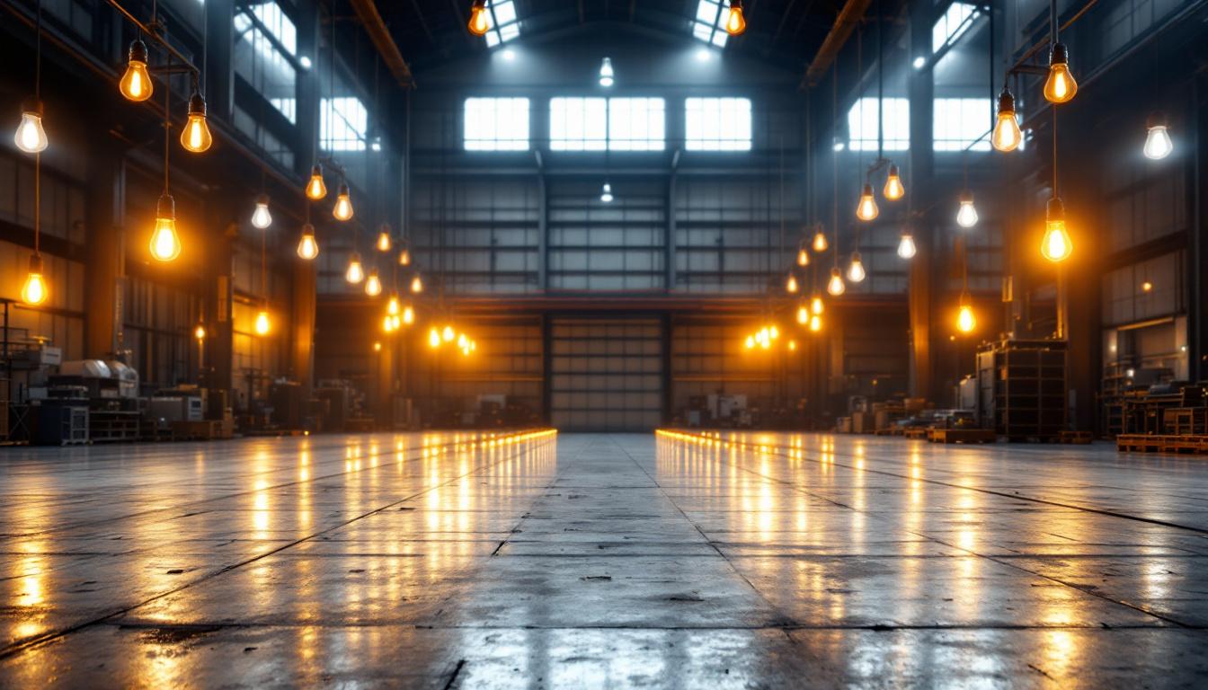 A photograph of a spacious industrial setting featuring an array of barn light bulbs illuminating a large-scale installation
